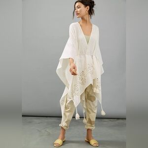 Anthropologie Cream Textured Kimono Wrap with Waist Tie